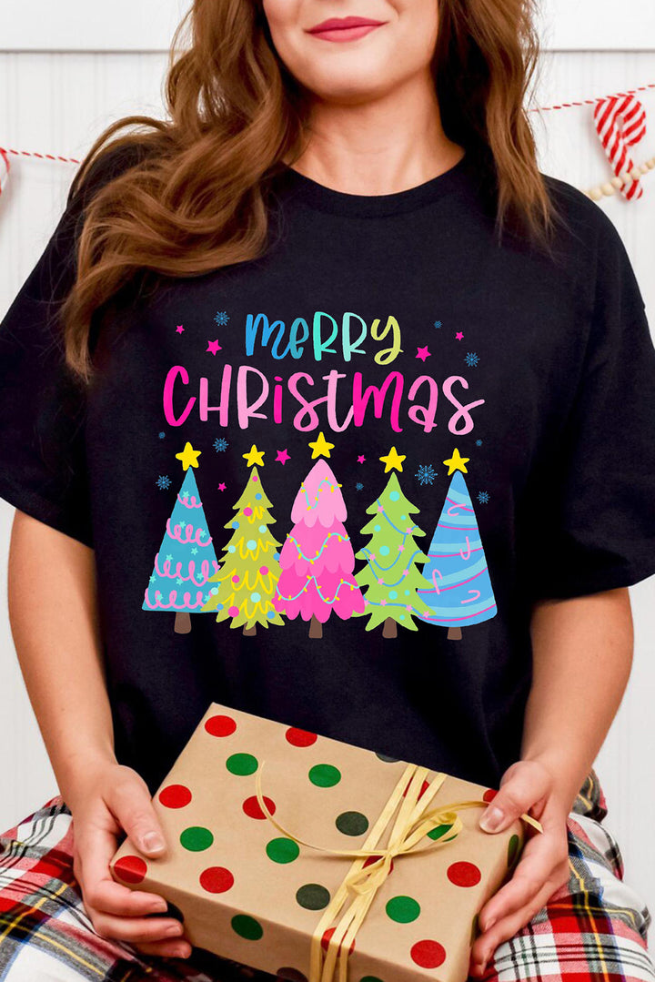 Black Merry Christmas Trees Print Crew Neck Loose T Shirt