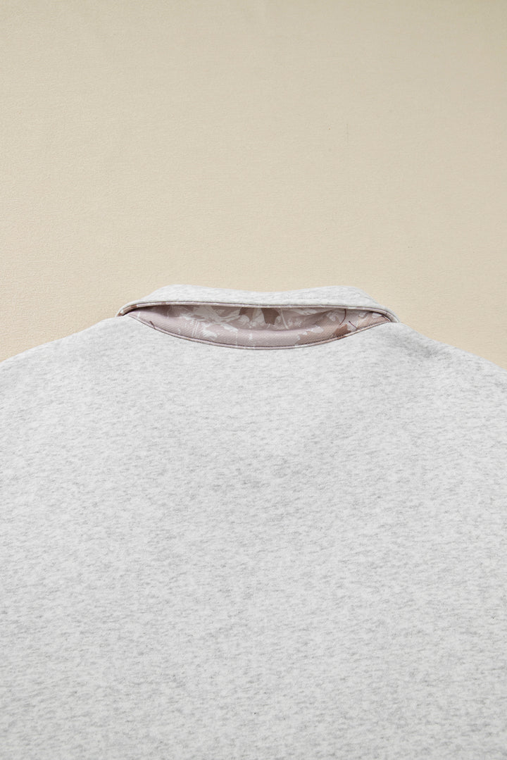 Gray Camo Leaves Patchwork Zipped Collar Pullover Plus Size Sweatshirt