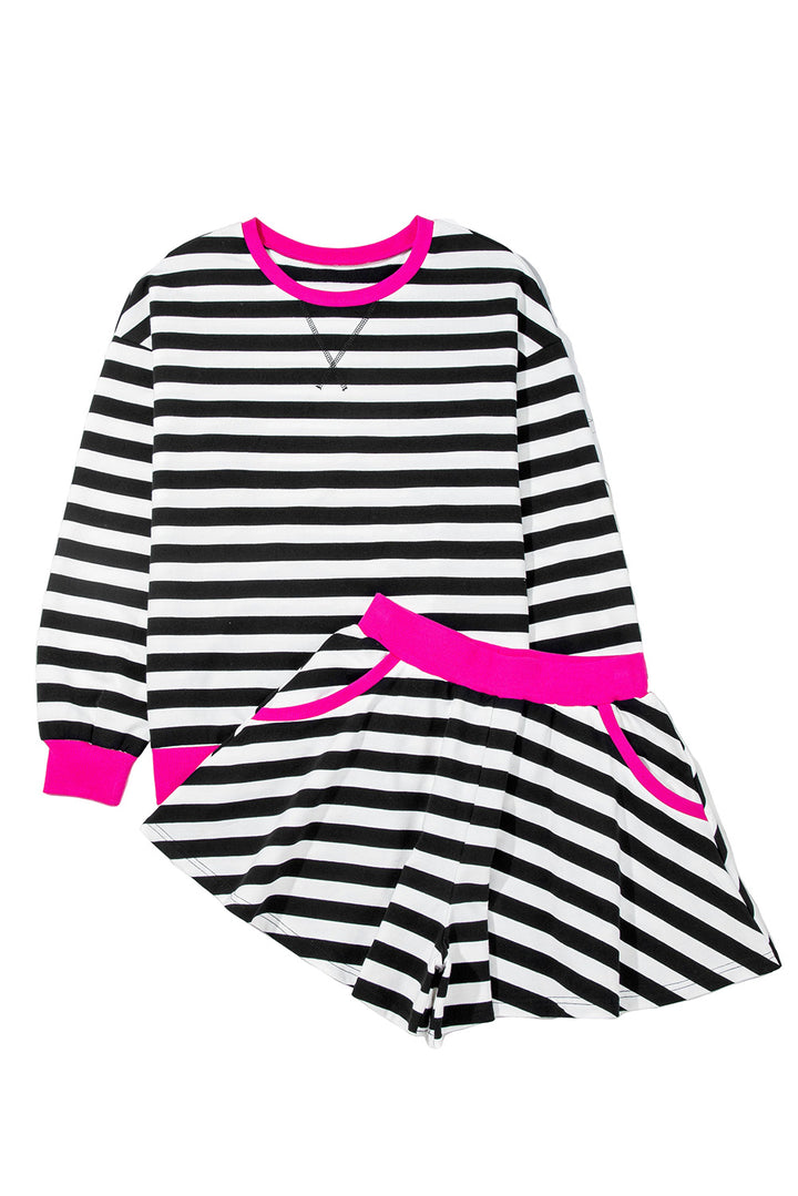 Black Stripe Contrast Ribbed Banding Long Sleeve Blouse Loose Shorts Set