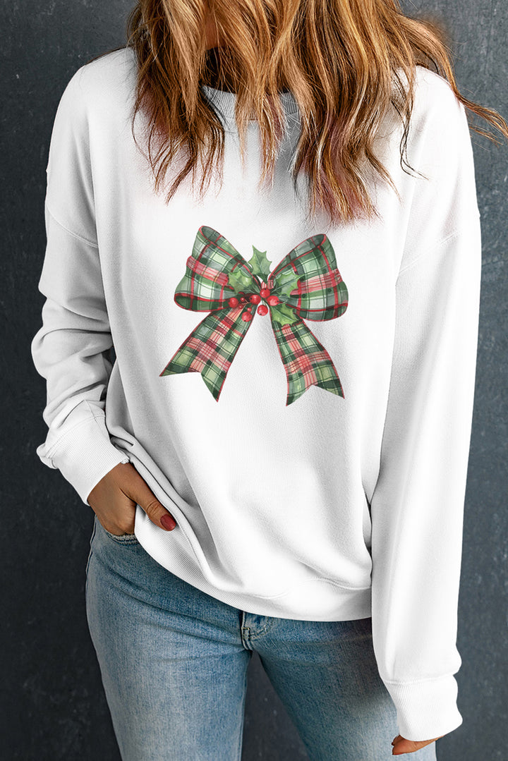 Beige Plaid Bow Graphic Christmas Crewneck Sweatshirt