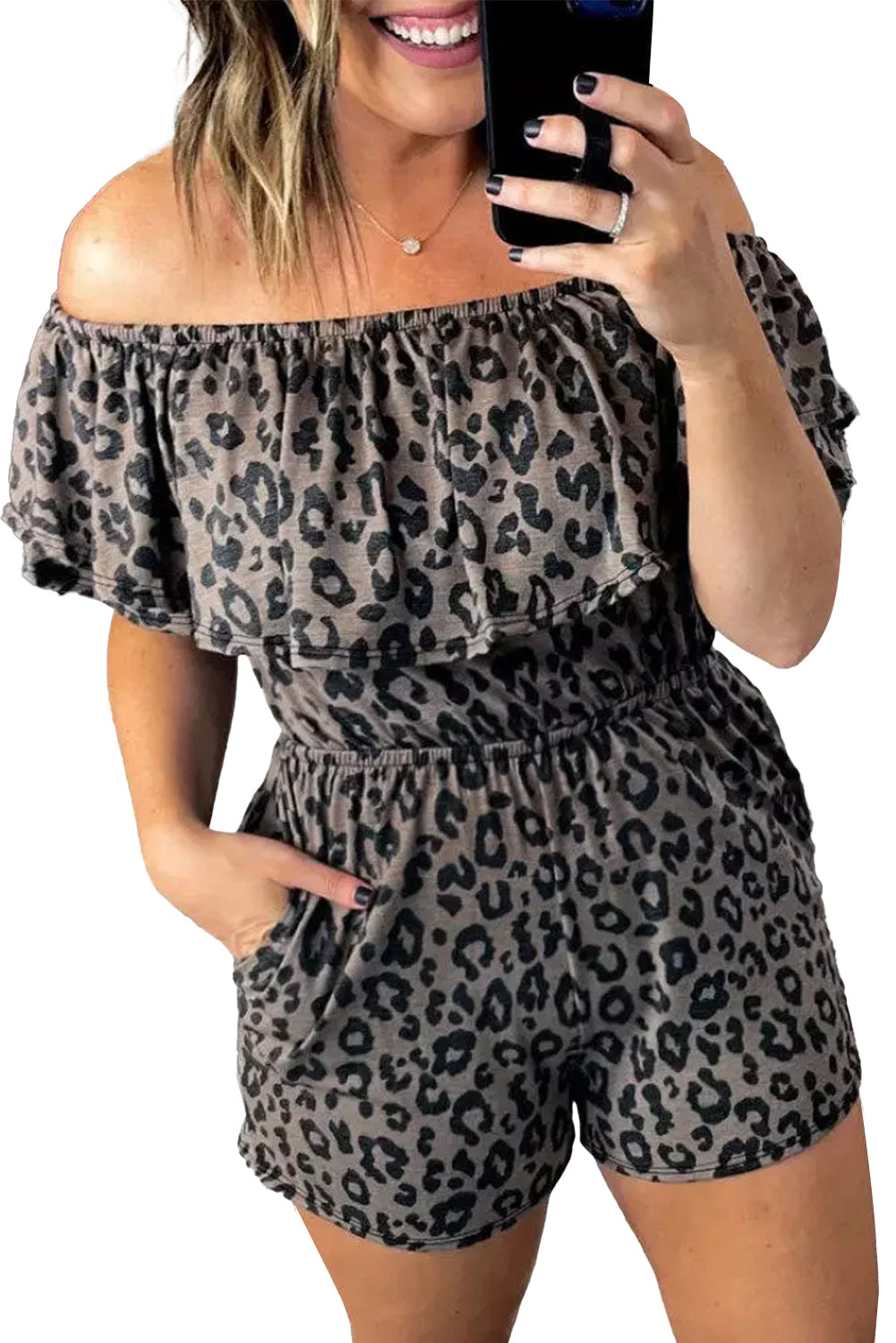 Leopard Off-Shoulder Romper with Pockets