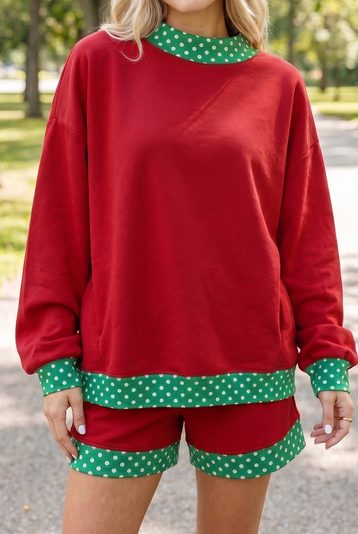 Polka Dot Trim Baggy Pullover 2pcs Short Set
