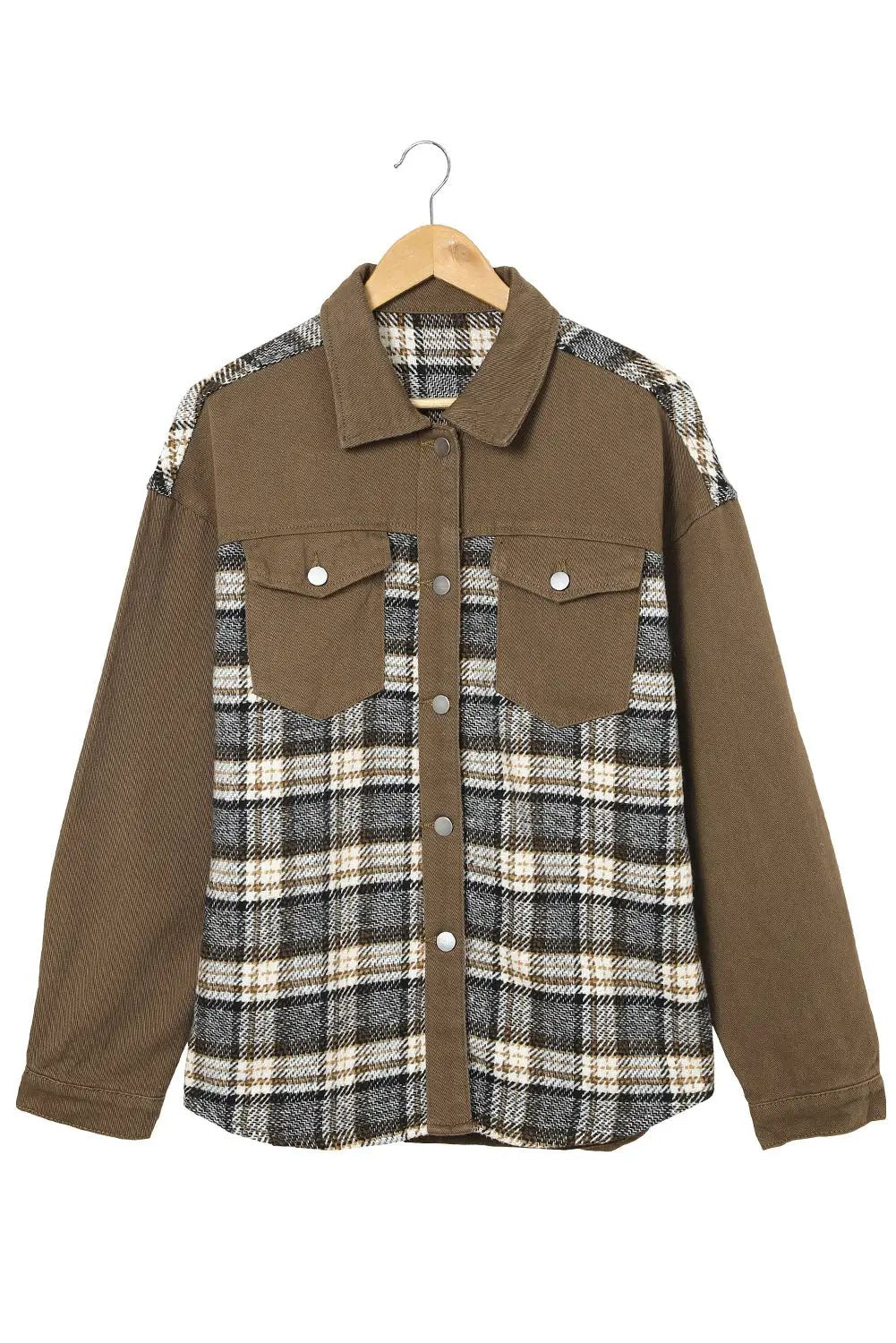 a brown jacket with a plaid pattern on it
