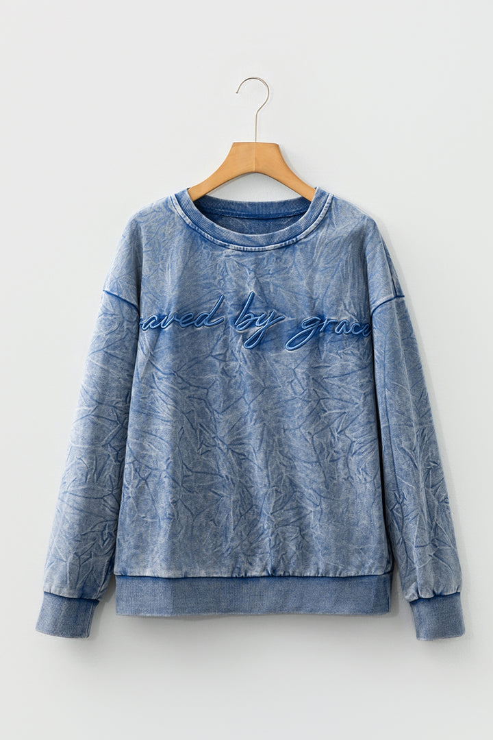 saved by grace Letter Embroidery Mineral Wash Loose Sweatshirt