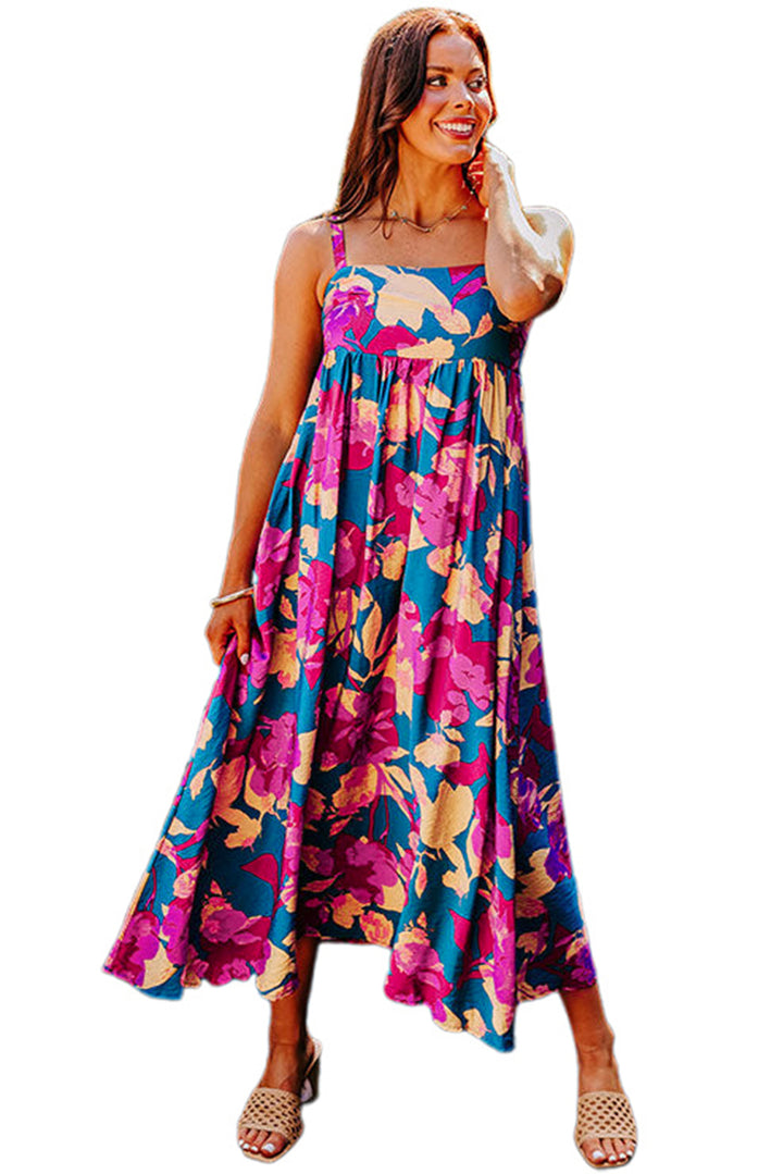 Dark Blue Floral High Waist Sleeveless Flared Long Dress