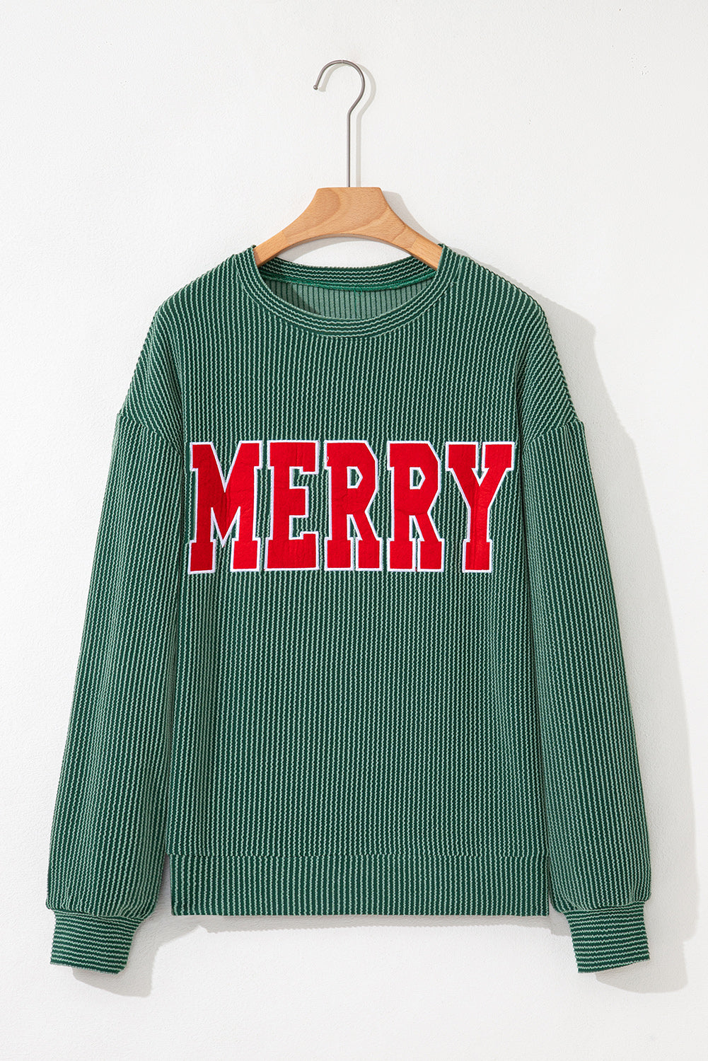 Twisted Rib Outlined Merry Letter Graphic Loose Long Sleeve Top