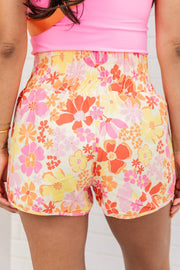 Orange Retro Floral Shirred High Waist Athletic Shorts -