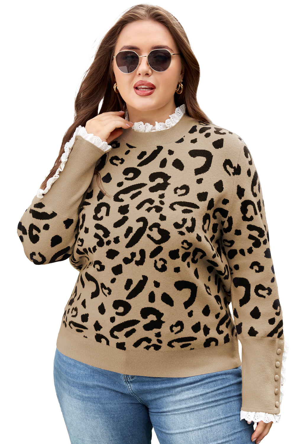 Brown Leopard Knitted Lacy Trim Cuffed Plus Size Sweater