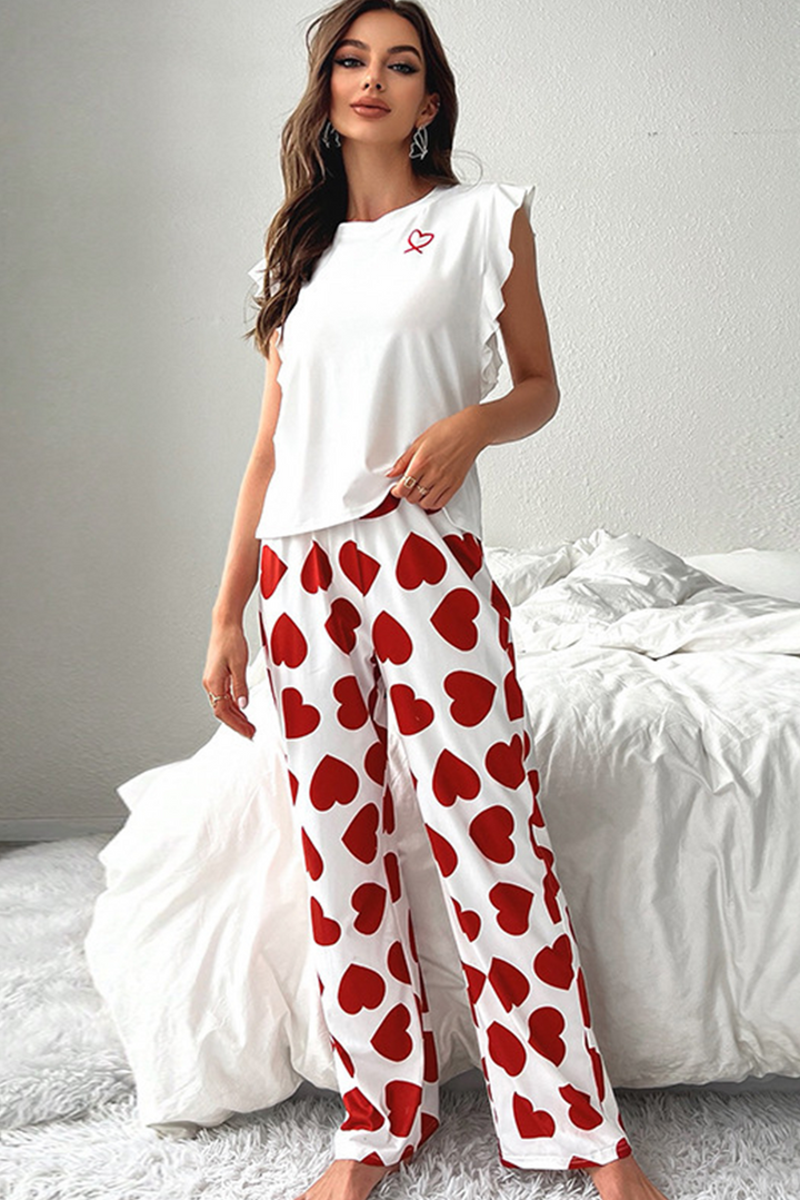 Red Heart Print Ruffle Sleeveless Top and Pants Valentines Pajama Set