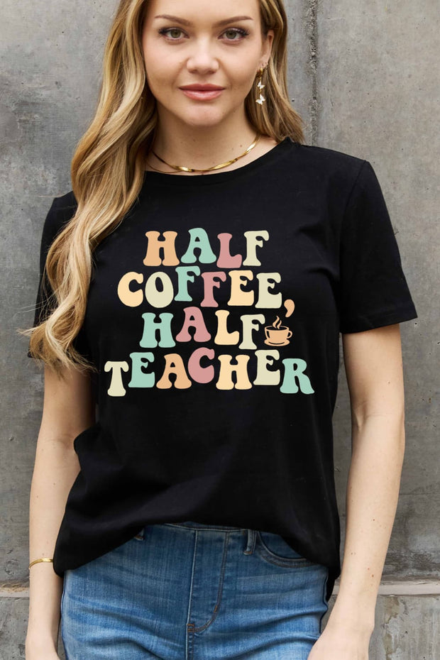 a woman wearing a black half coffee half teacher shirt