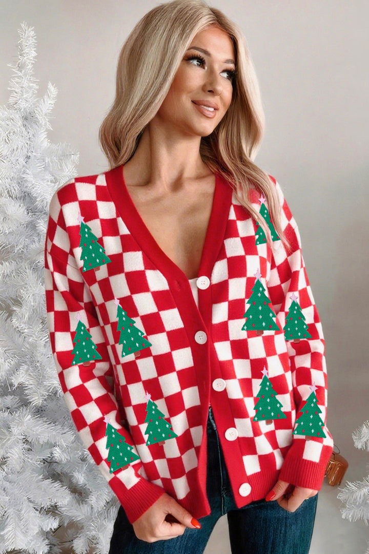 Checkered Christmas Tree Pattern Button V Neck Cardigan Sweater