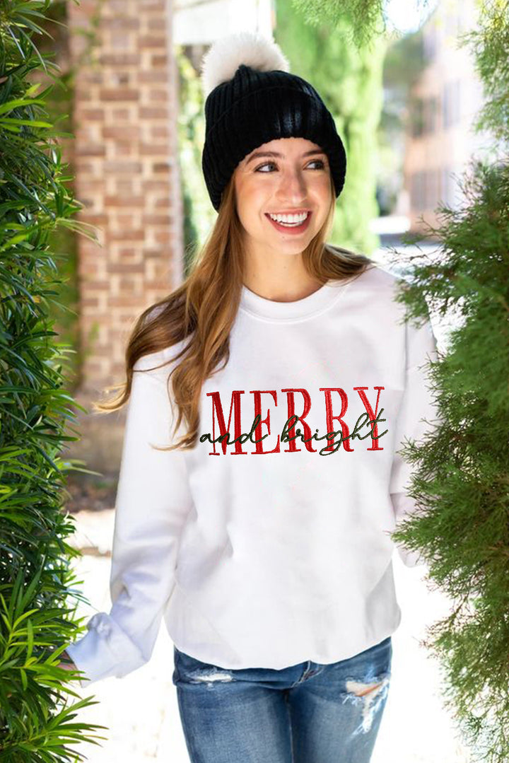 Beige MERRY and bright Embroidered Letter Graphic Sweatshirt