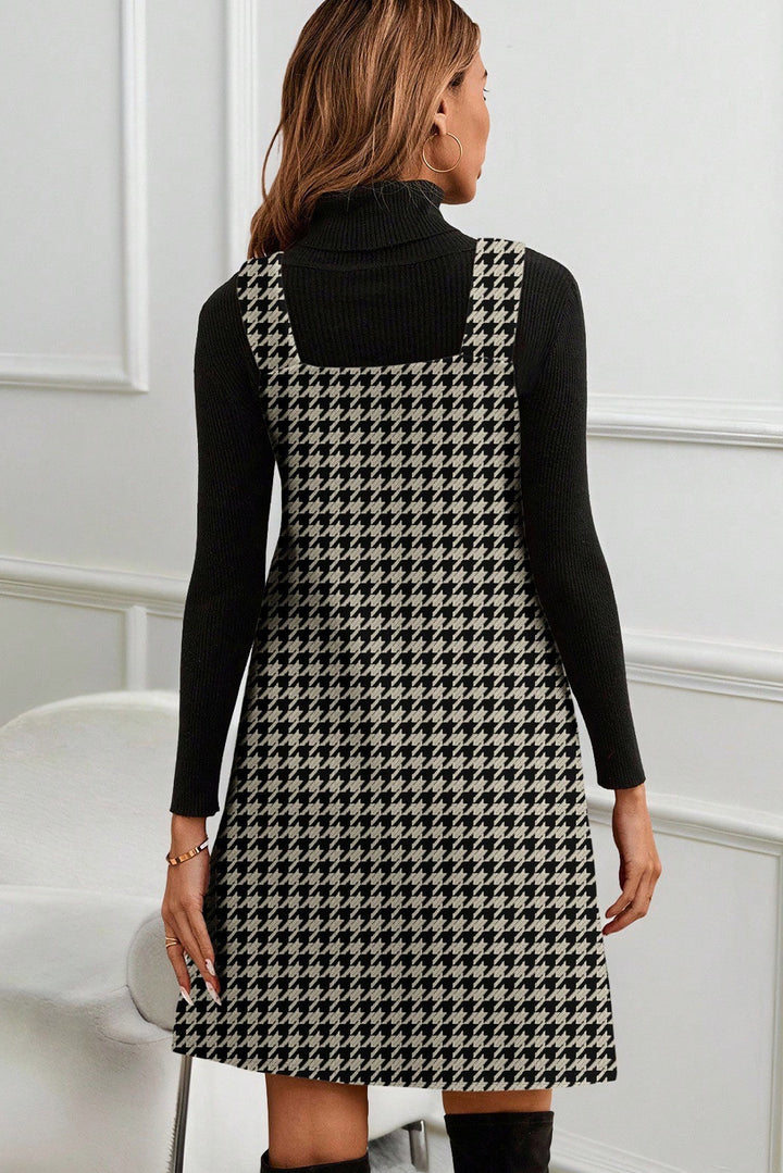 Houndstooth Print V Neck Sleeveless Mini Dress