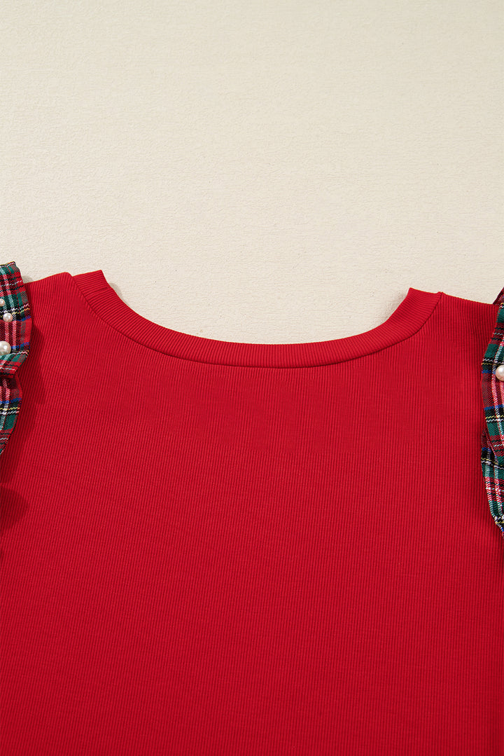 Racing Red Plaid Pearl Ruffled Short Sleeve Knitted Christmas Holiday Plus Size T-shirt