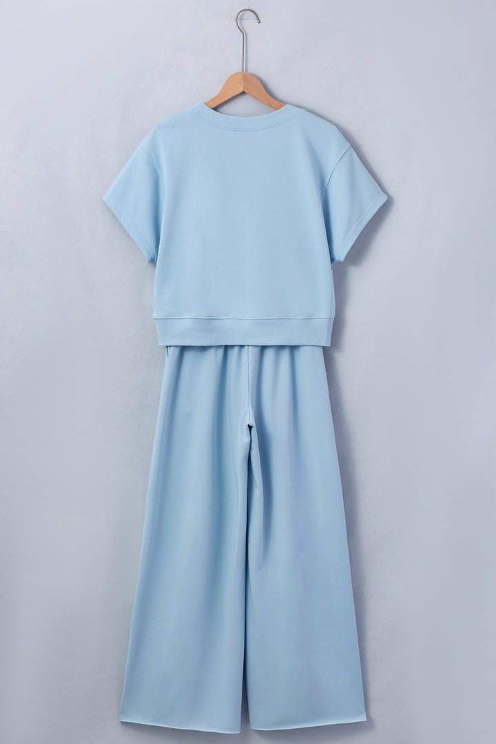 Solid Color Loose Tee Drawstring Wide Leg Pants 2pcs Outfit