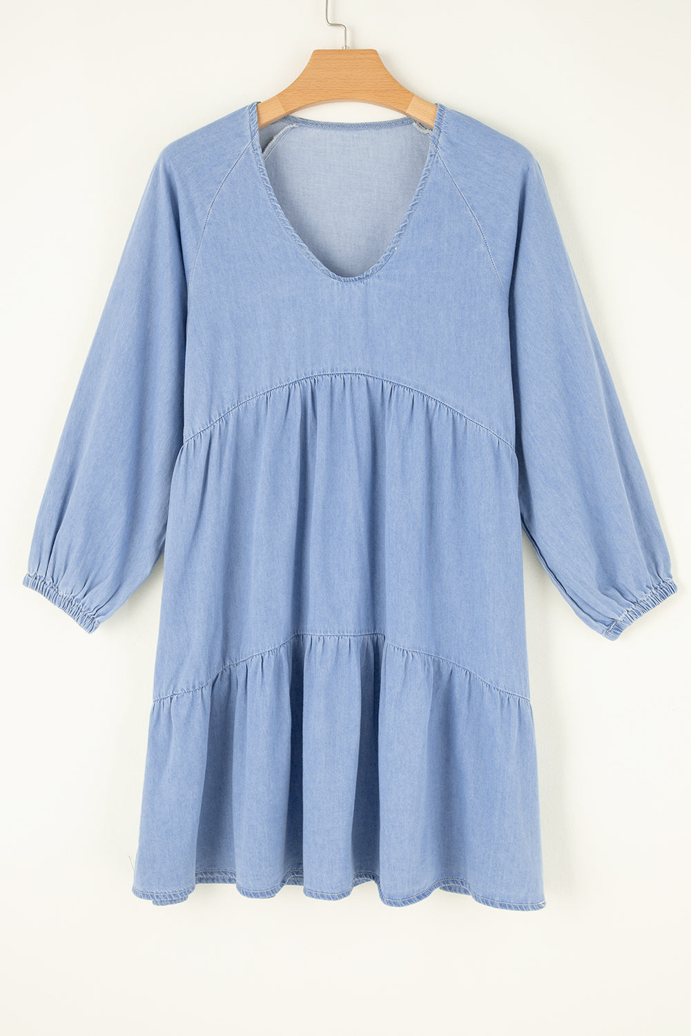 Puff Sleeve V Neck Tiered Ruffled Chambray Mini Dress