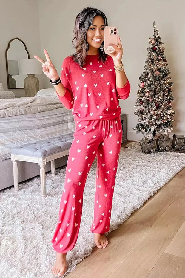 Fiery Red Valentines Heart Print Pants Set -