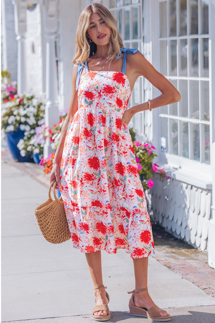 Floral Print Contrast Stitched Knot Denim Straps High Waist Dress