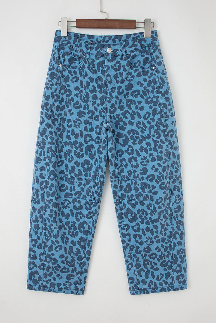 Sky Blue Leopard Print Straight Loose Jeans