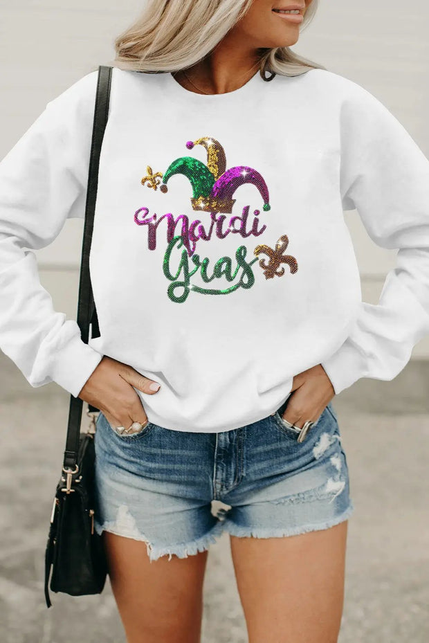 White Mardi Gras Sequined Graphic Drop Shoulder Sweatshirt - White / 2XL