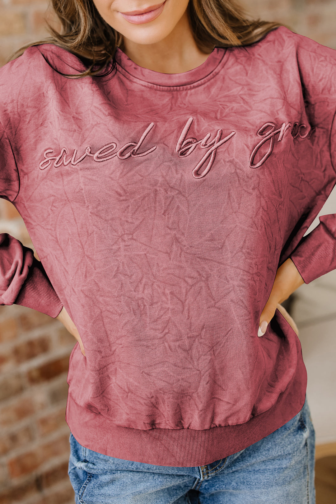 saved by grace Letter Embroidery Mineral Wash Loose Sweatshirt