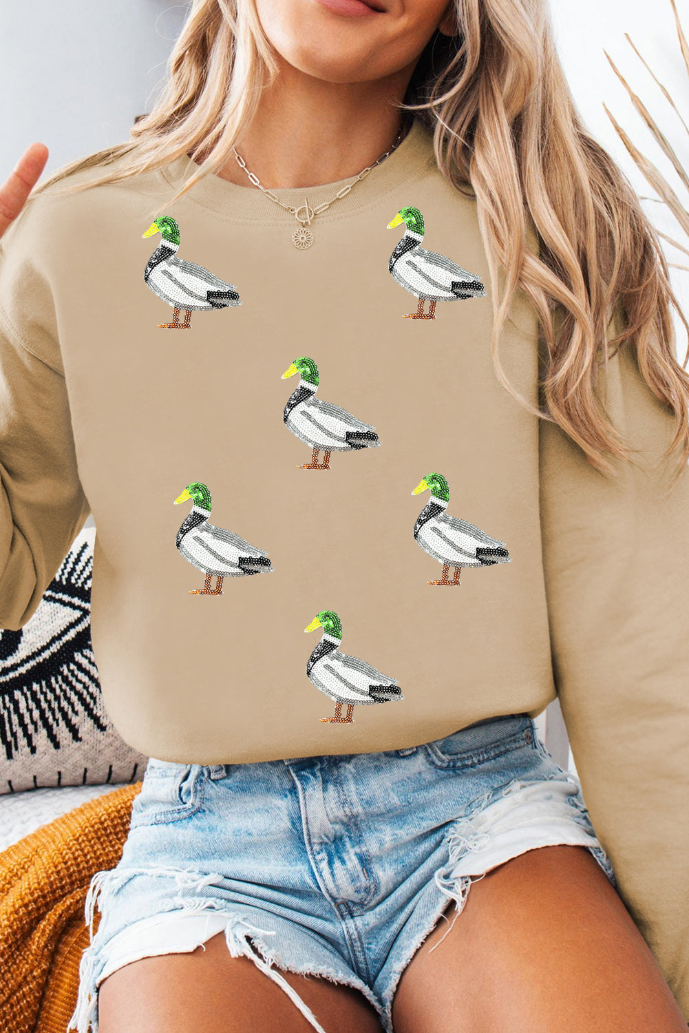 Khaki Sequin Mallard Duck Graphic Sequins Patch Baggy Sweatshirt