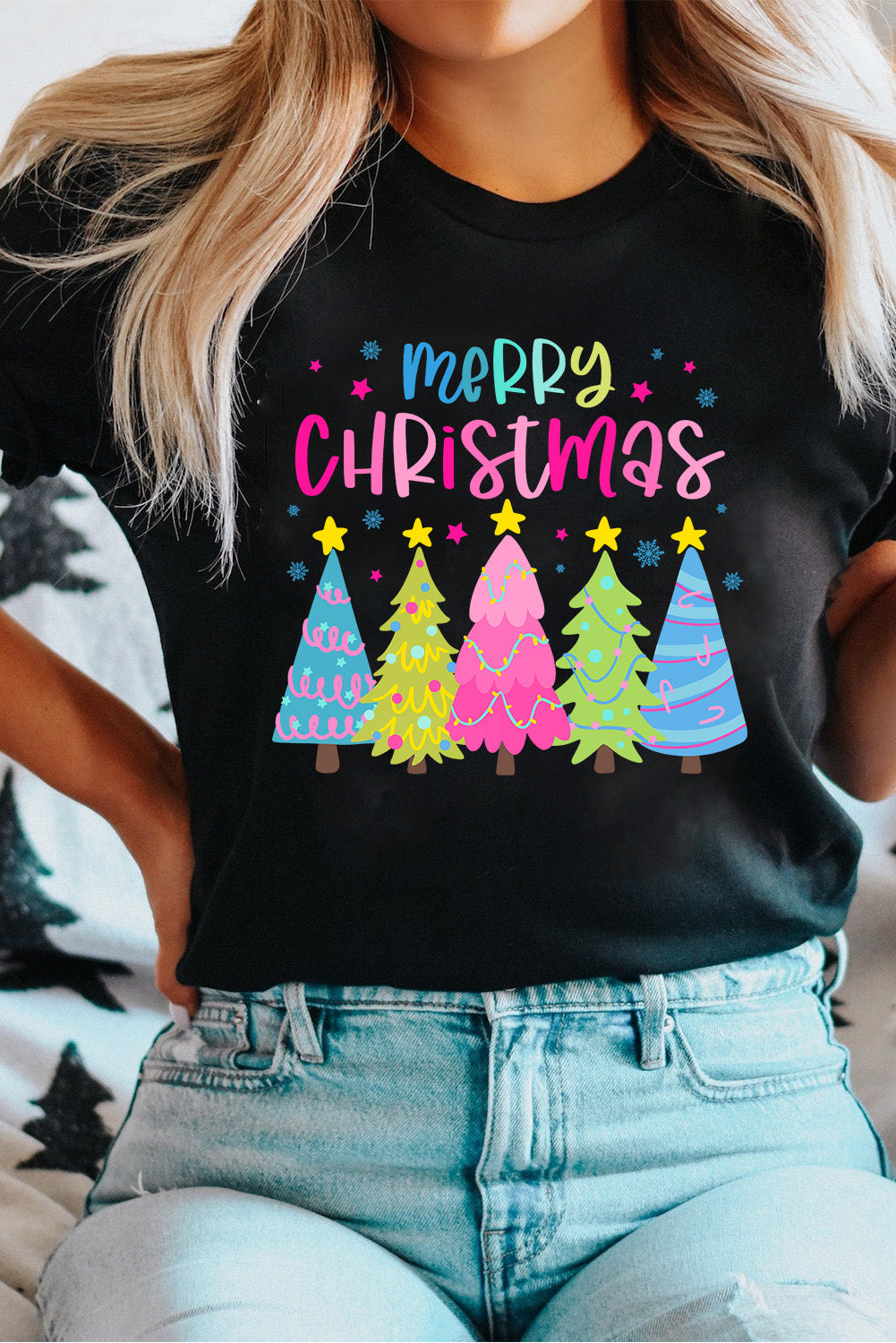 Black Merry Christmas Trees Print Crew Neck Loose T Shirt