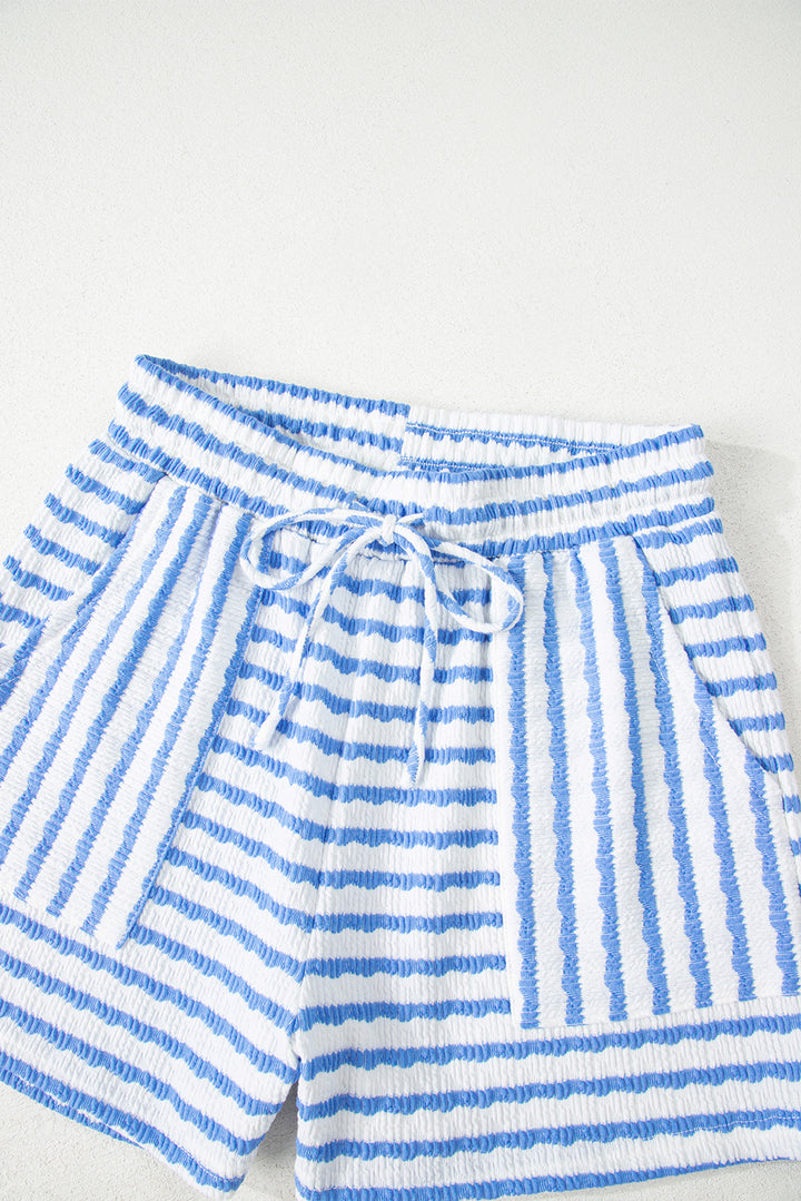 Stripe Knitted Short Sleeve Top and Drawstring Shorts Set