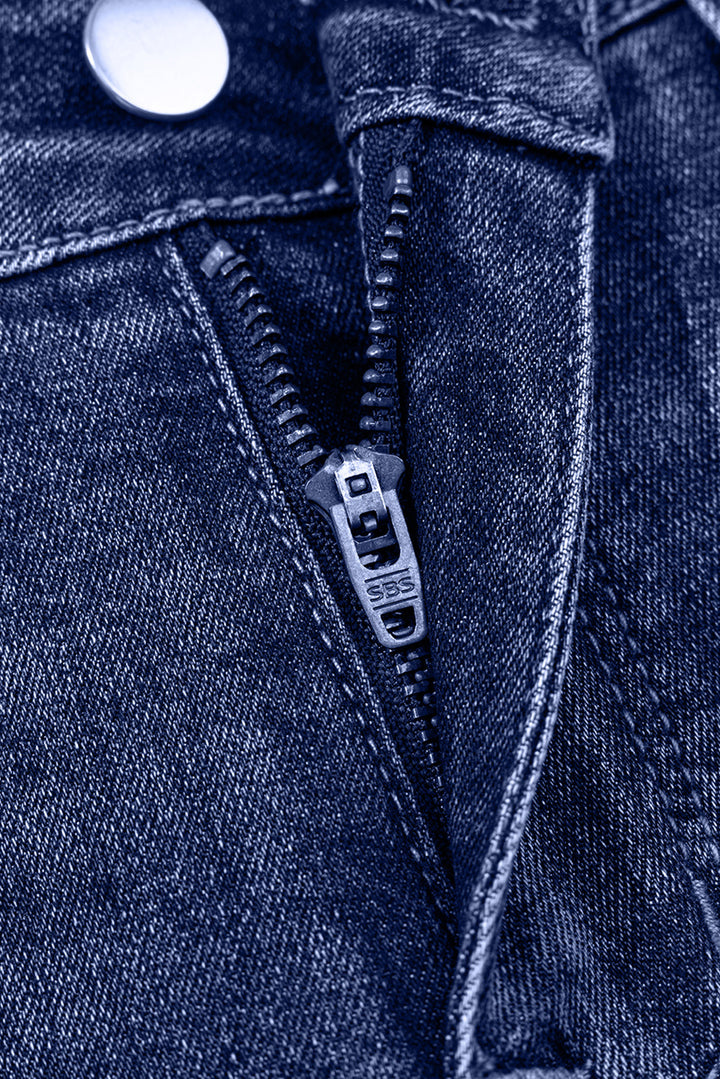 Real Teal Folded Cuffs Distressed Straight High Waist Jeans