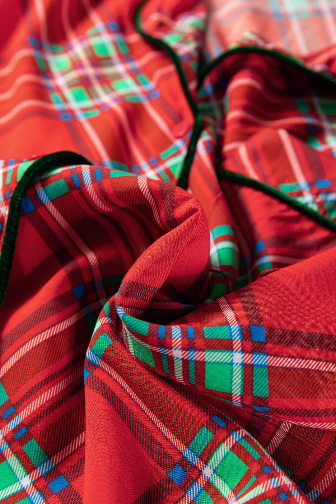 Fiery Red Christmas Plaid Satin Pajama Set with Contrast Velvet Ties