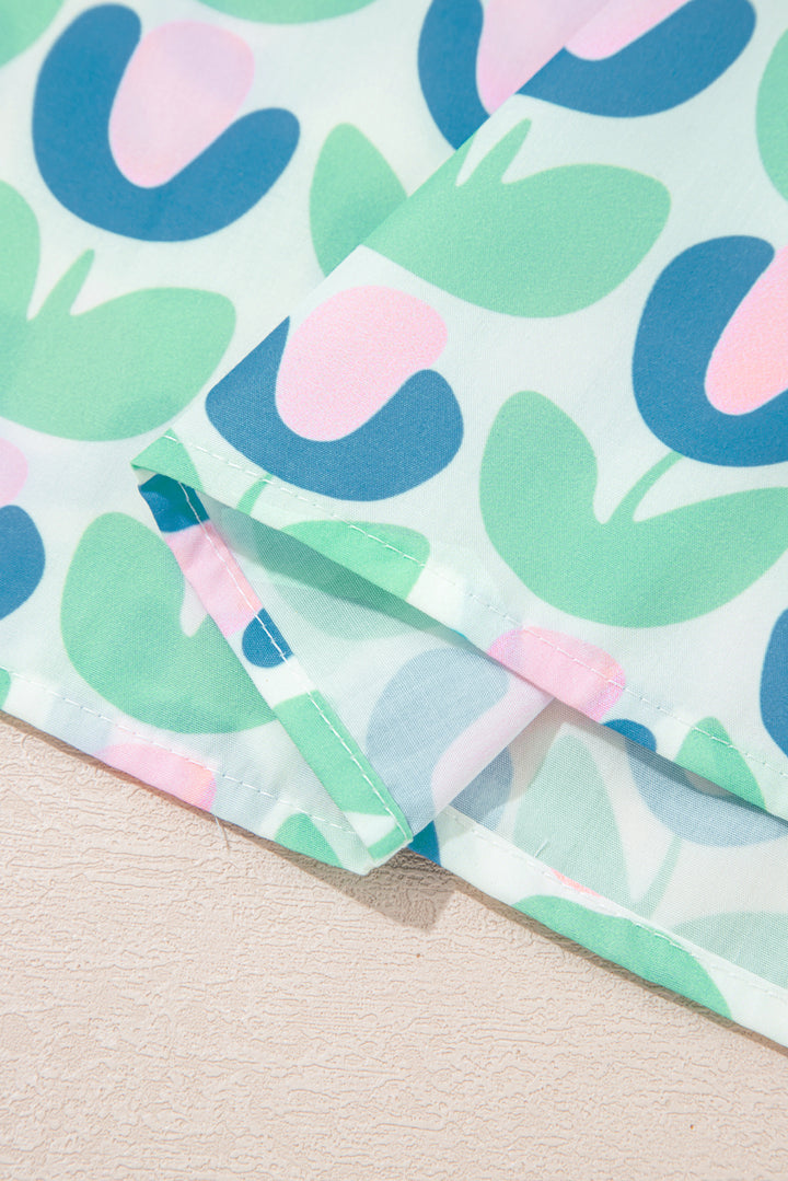 Green Floral Print Notched Neck Scalloped Detail Long Sleeve Mini Dress