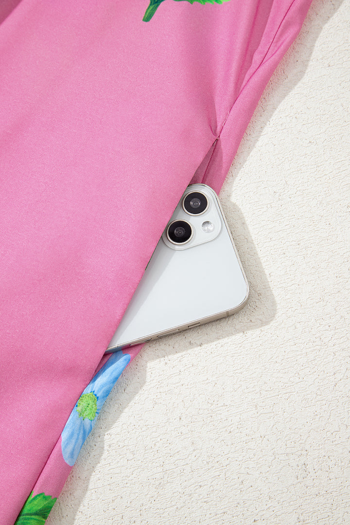 Floral Short Sleeve Split Neck Loose Mini Dress