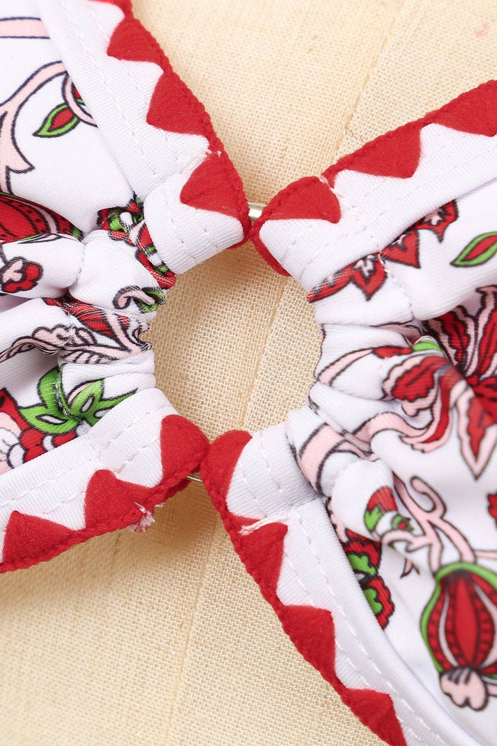 a close up of a red and white bow tie