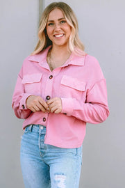 Pink Turn-Down Collar Pockets Shirt Jacket - Pink / L / 80%Polyester+20%Cotton