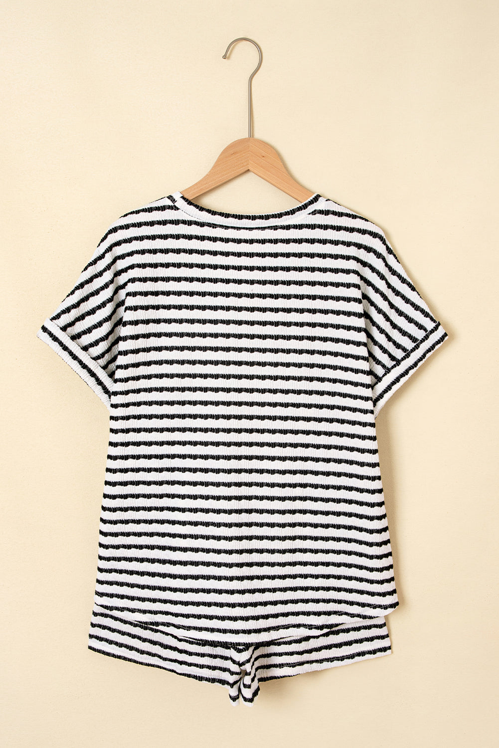 Stripe Knitted Short Sleeve Top and Drawstring Shorts Set