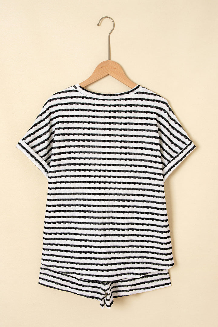 Stripe Knitted Short Sleeve Top and Drawstring Shorts Set