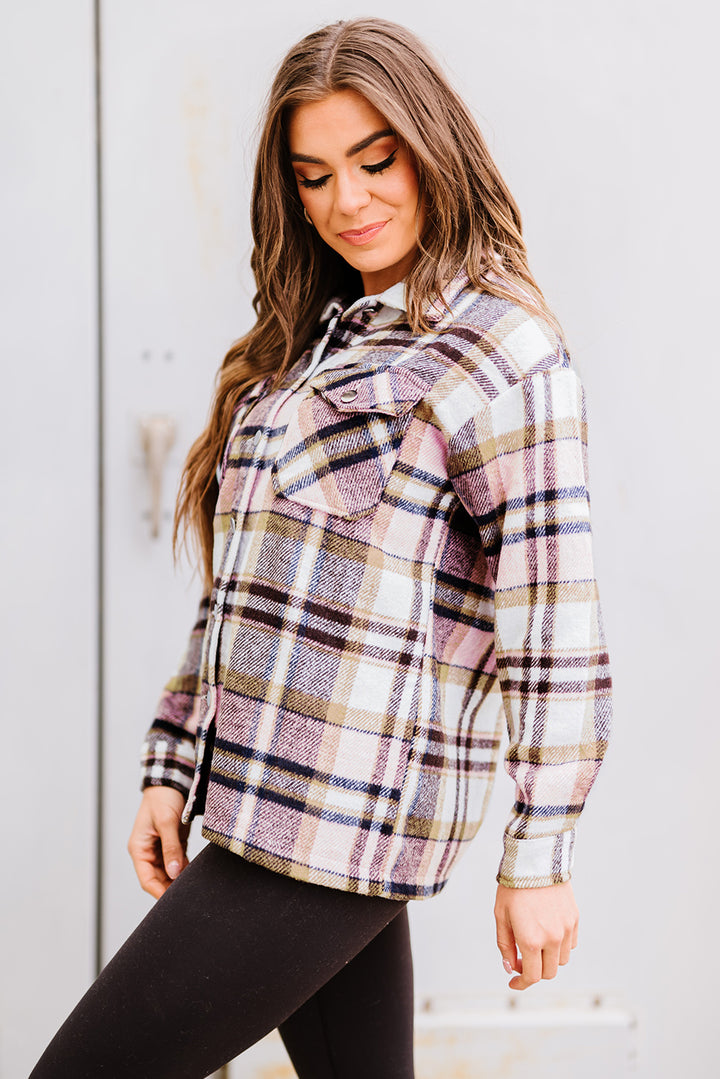 Geometric Plaid Print Pocketed Shacket -