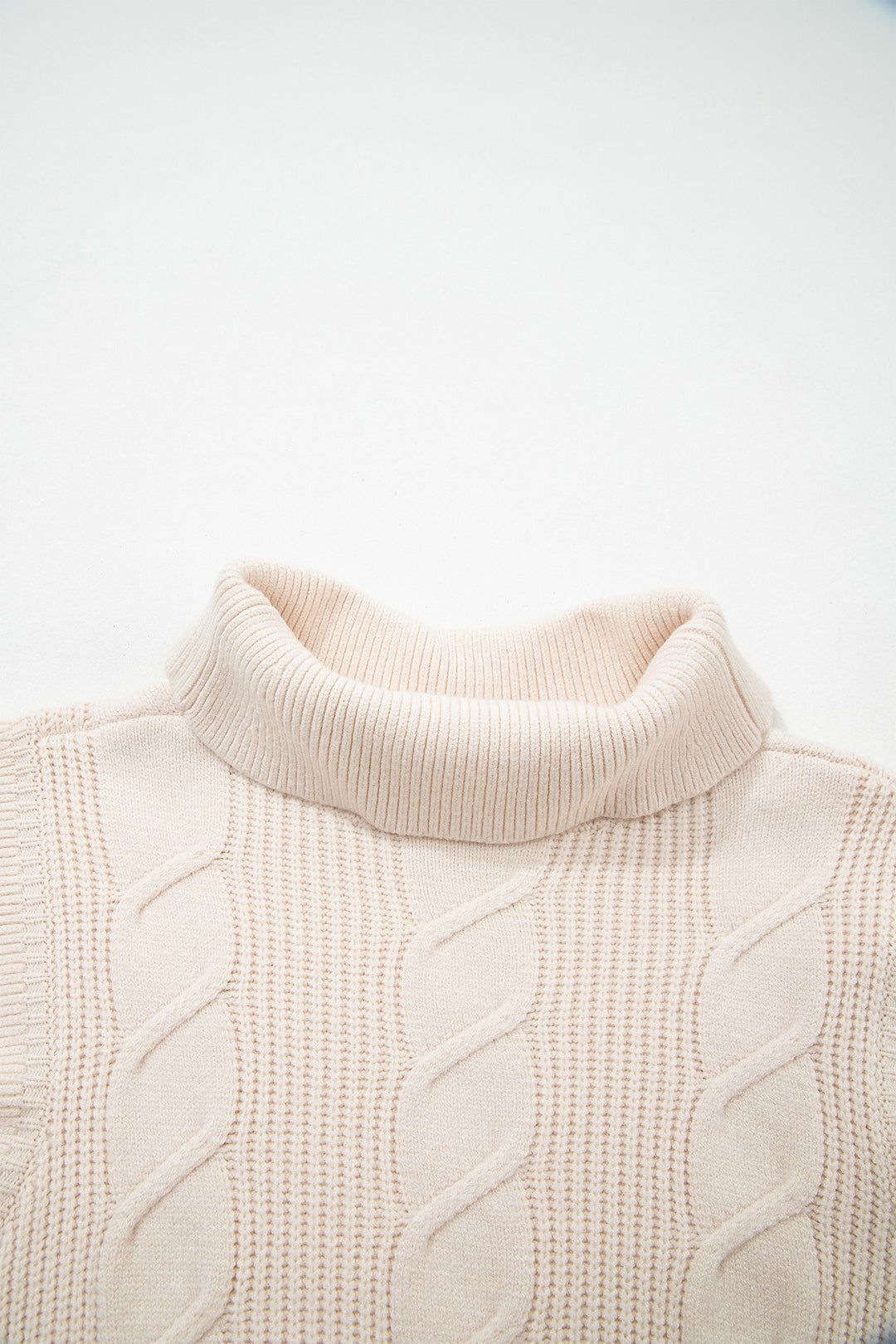 Cable Knit Turtleneck Ruffled Short Sleeve Sweater