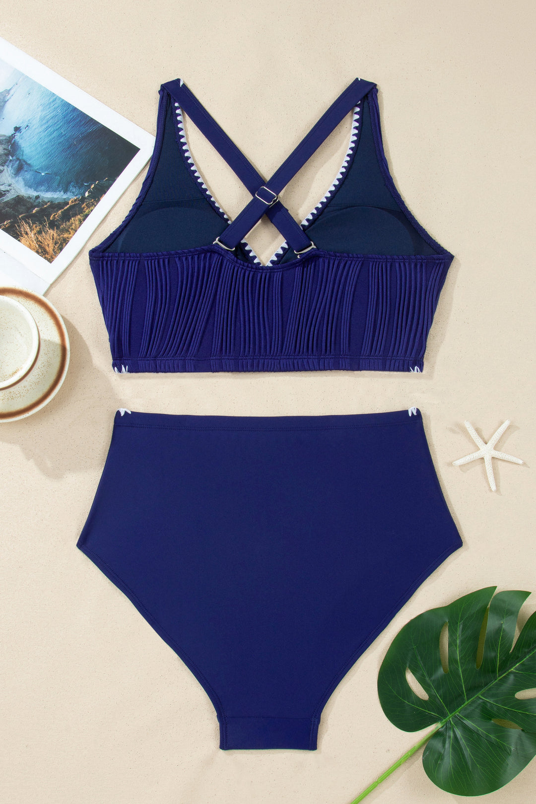 Stitched Trim V Neck Textured Mix and Match High Waist Bikinis