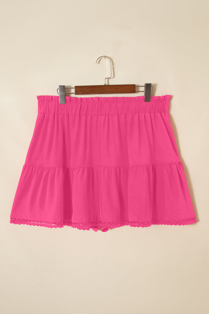 Rose Red Plus Size Frilled Elastic Waist Lace Trim Boho Ruffled Shorts