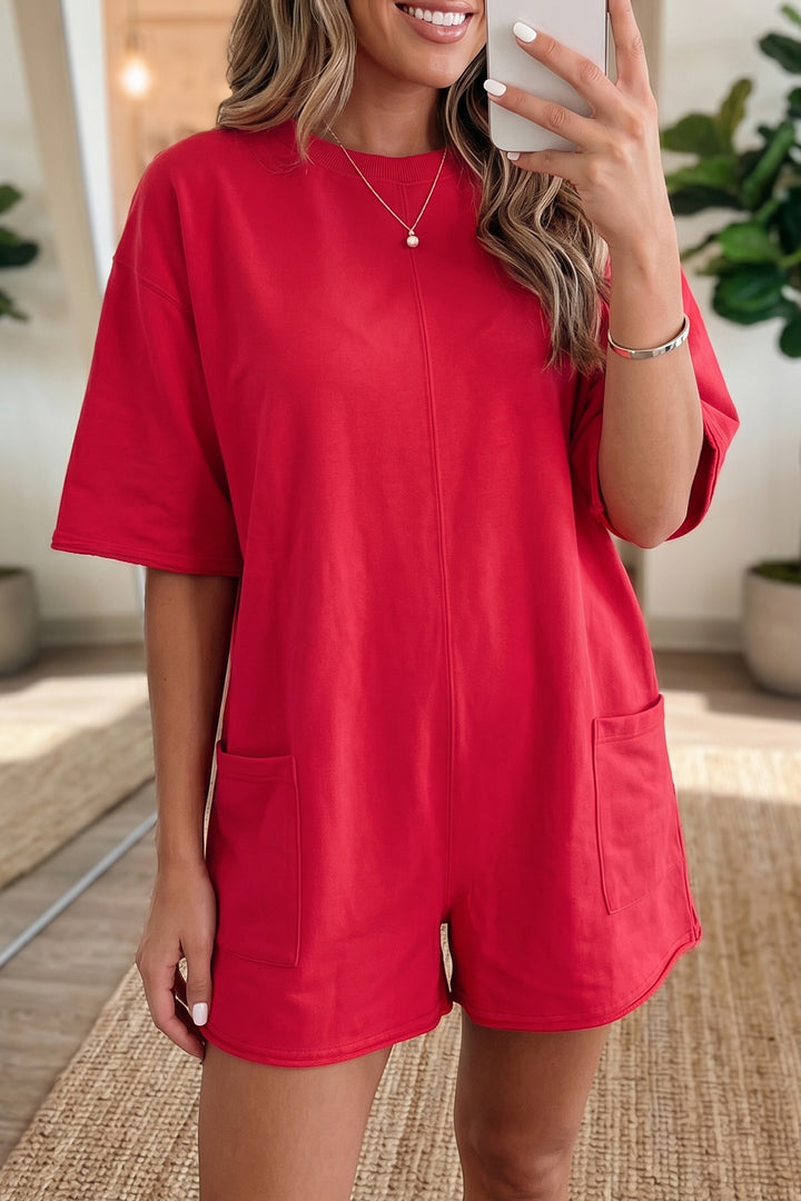 Solid Color Raw Edge Half Sleeve Pocketed Loose Romper