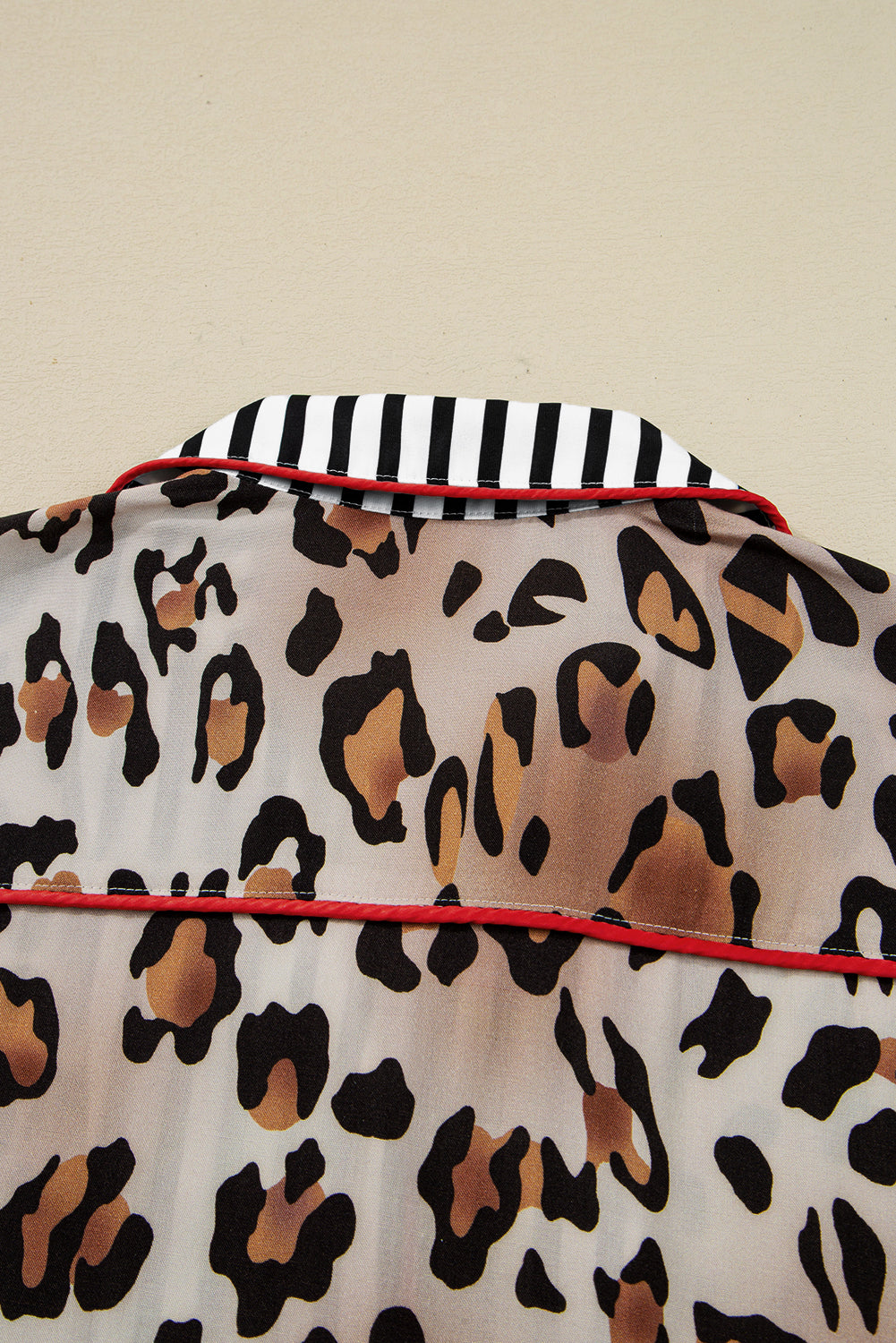 Khaki Leopard Print Colorblock Striped Patchwork Shirt and Pants Pajama Set