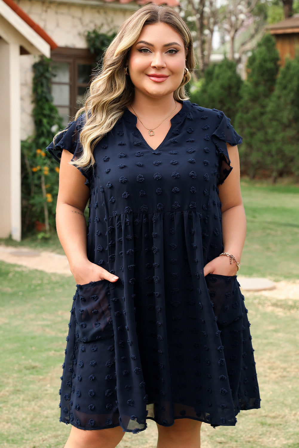 Navy Blue Dotty Textured Notched Neck Plus Ruffled Dress with short sleeves and gathered waist, designed for plus-size summer fashion.