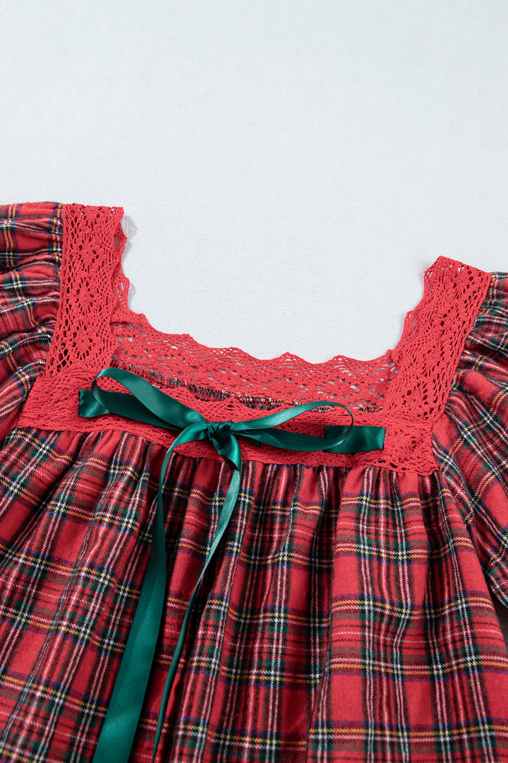 Red Plaid Square Collar Lace Trim Short Sleeve Shift Mini Dress