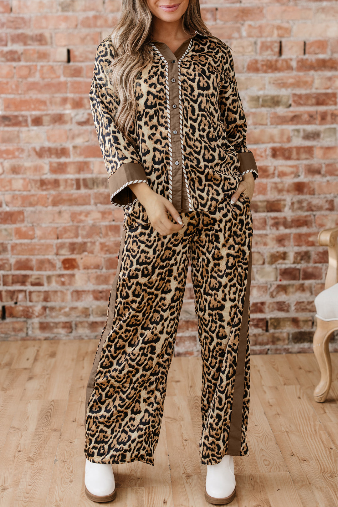 Brown Leopard Collared 3/4 Sleeve Shirt and Loose Pants Two Piece Outfit Set