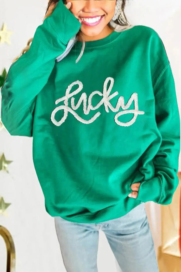 Green Lucky Letter Embroidery Print Drop Sleeve Sweatshirt - Green / L