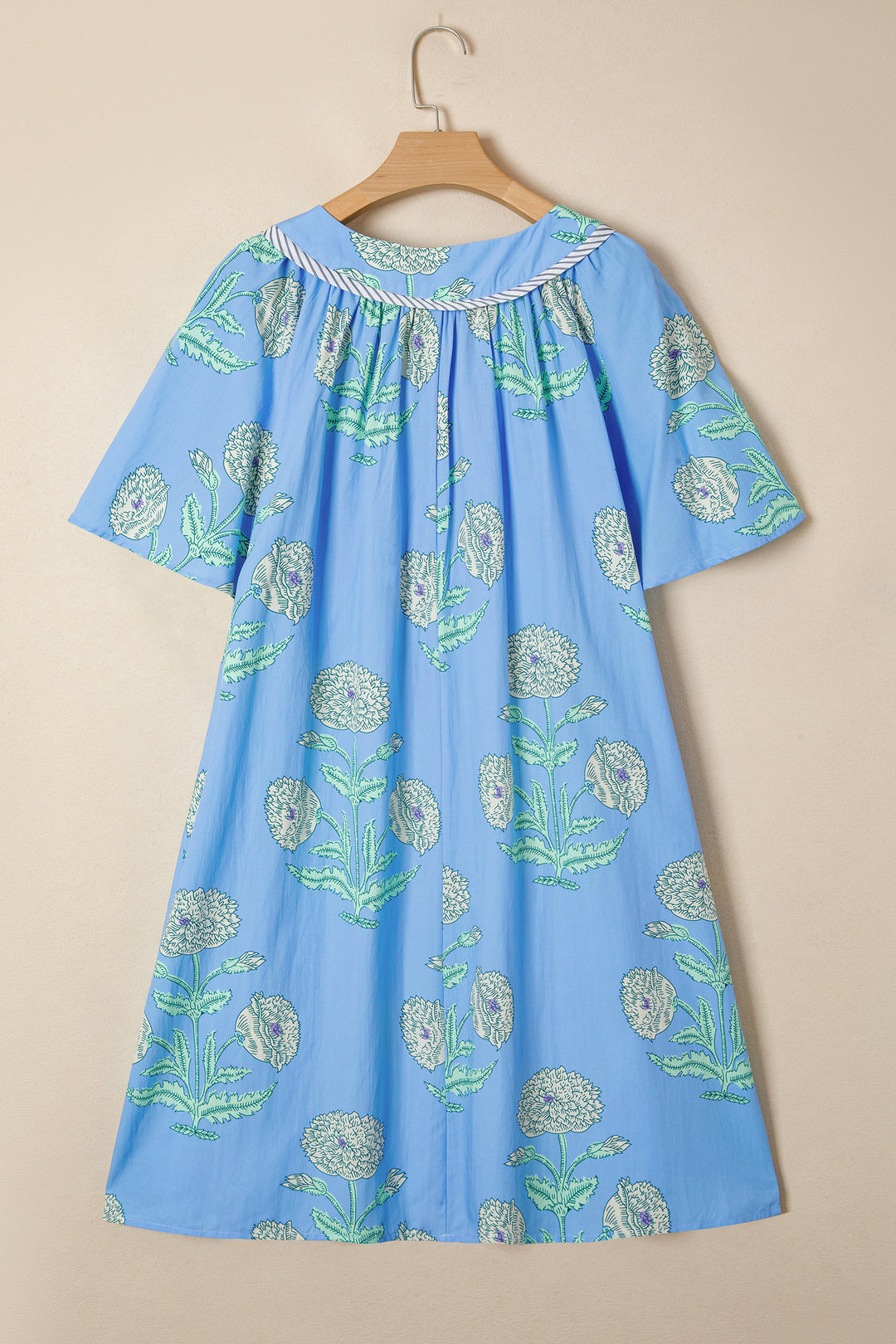 Sky Blue Plus Periwinkle Floral Printed Short Sleeve Striped Trim Split Neck Mini Dress