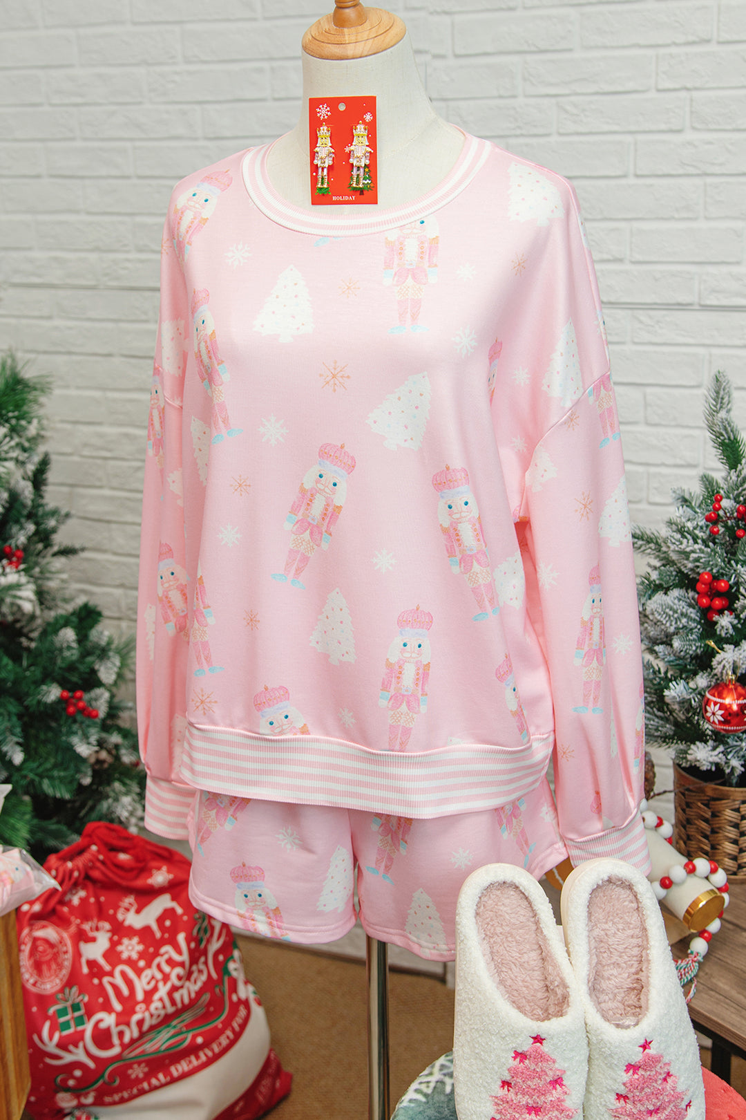 Pink Christmas Tree Nutcracker Doll Print Contrast Trim Long Sleeve Top Matching Shorts Set