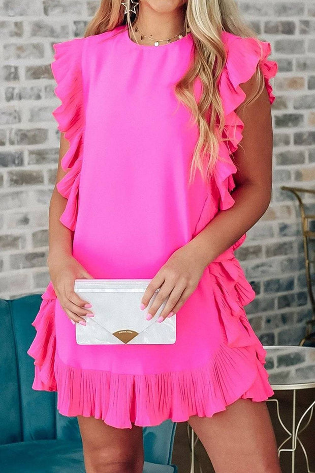 Bright Pink Ruffle Trim Short Sleeve Mini Dress - Bright Pink / L