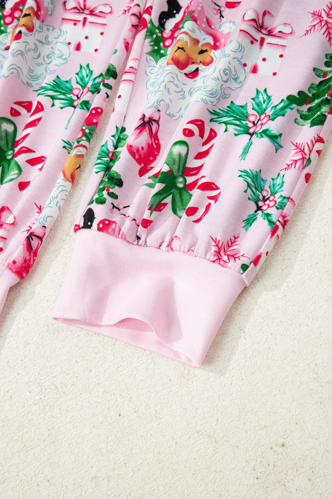 Pink Christmas Pattern Button V Neck Pullover Drawstring Pants 2pcs Lounge Set